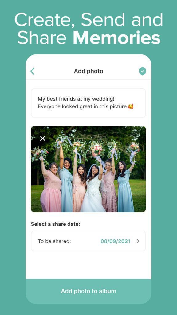 Memories created, app screen showing a photo of a bridal party