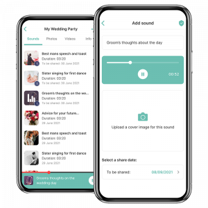 Mobile screen showing a library of memories, moment and how to add a sound recording to them