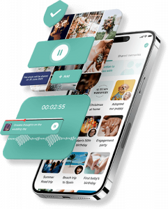 Mobile app screen showing a voice recording, a collection of photos and a library of memories