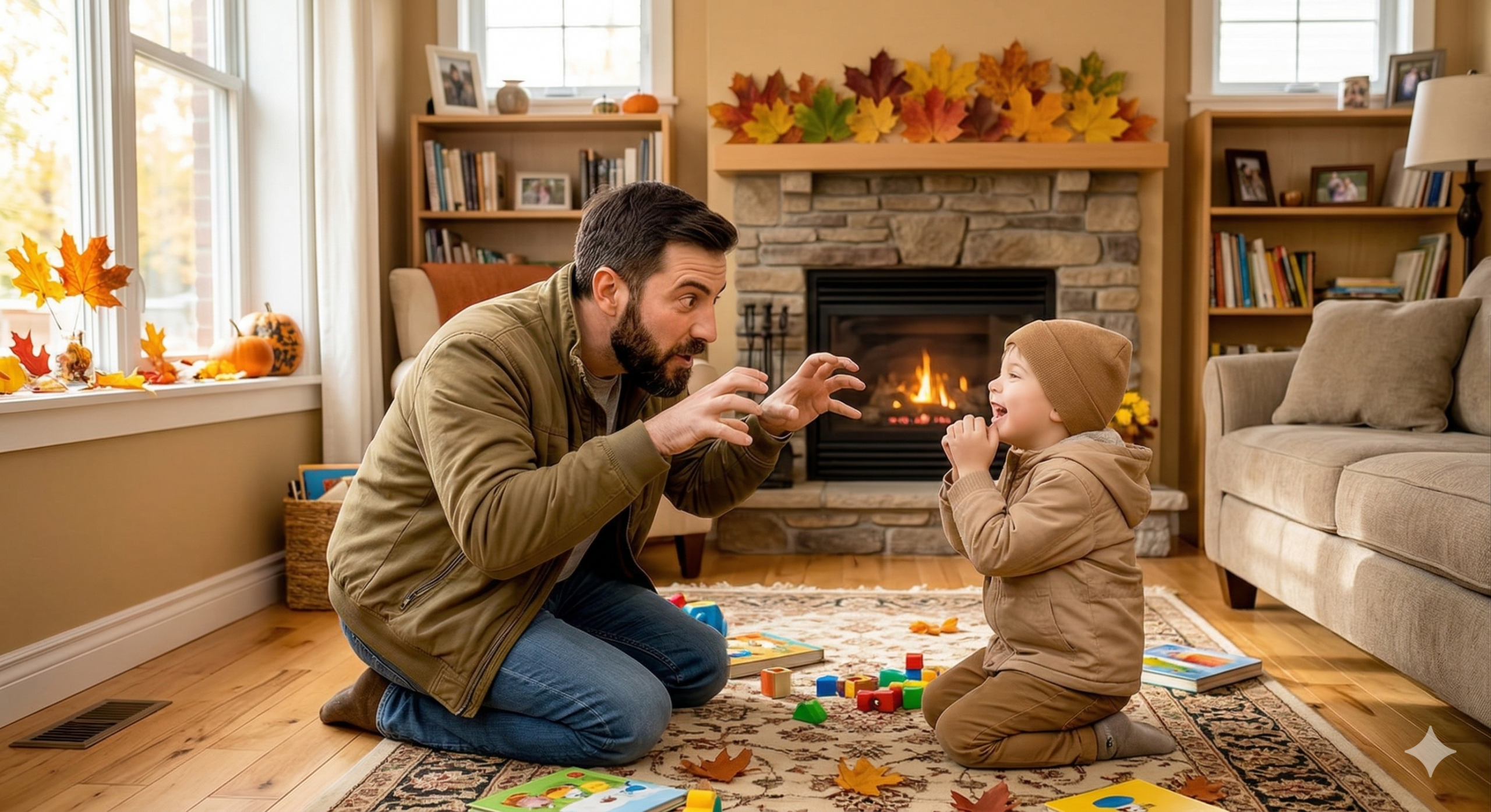 A father and son playing together in a living-room, in front of a fireplace.