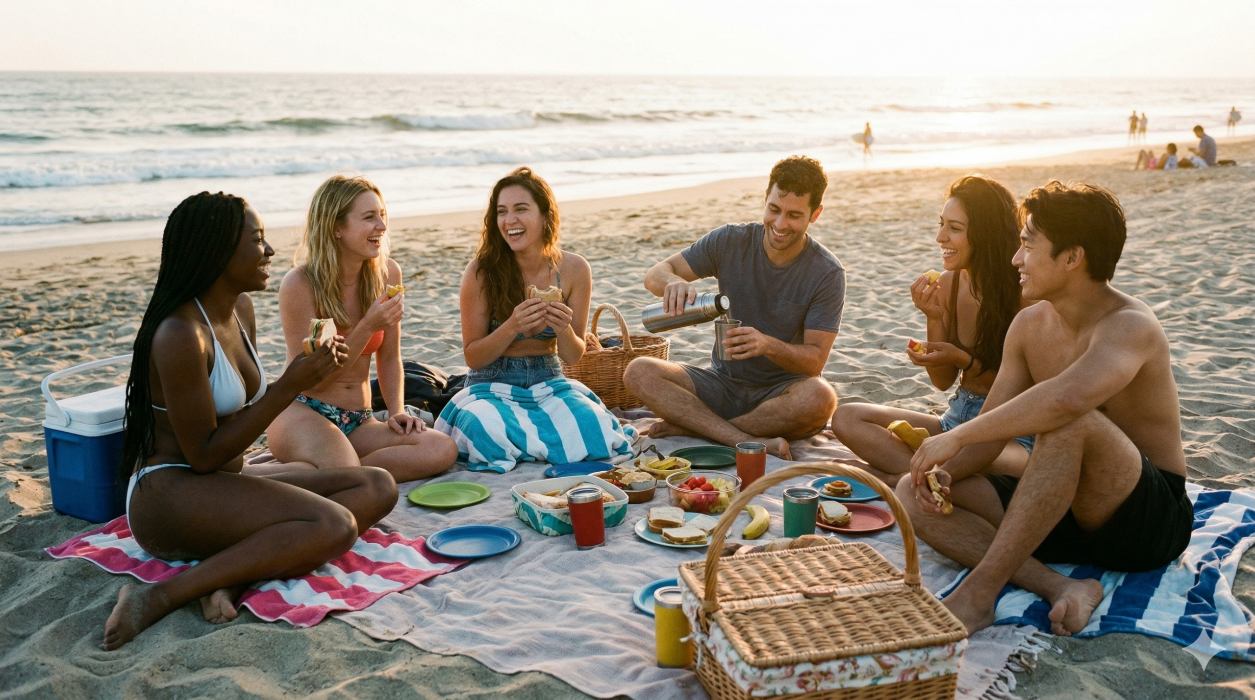 A group of friends having a picnic on the beach