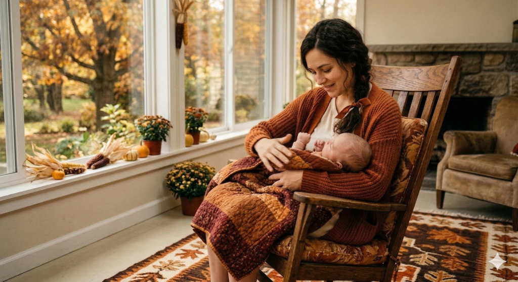 A mother sitting in a rocking chair, rocking her baby near a window