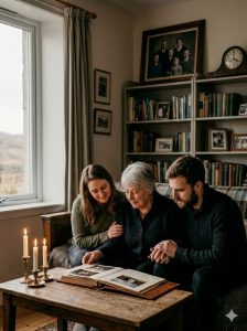 Three people from the same family, children supporting their mother faced to the passing of their father while looking at a photo album